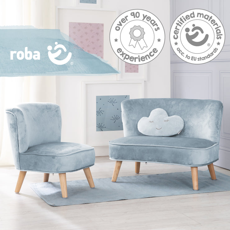 Pacchetto "Lil Sofa" contiene divano per bambini, sedia per bambini e cuscino decorativo a nuvola color azzurro/cielo