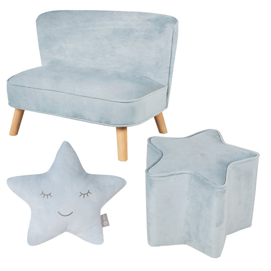Paquete 'Lil Sofa' incluye sofá infantil, puff con forma de estrella y cojín decorativo estrella en azul claro/sky