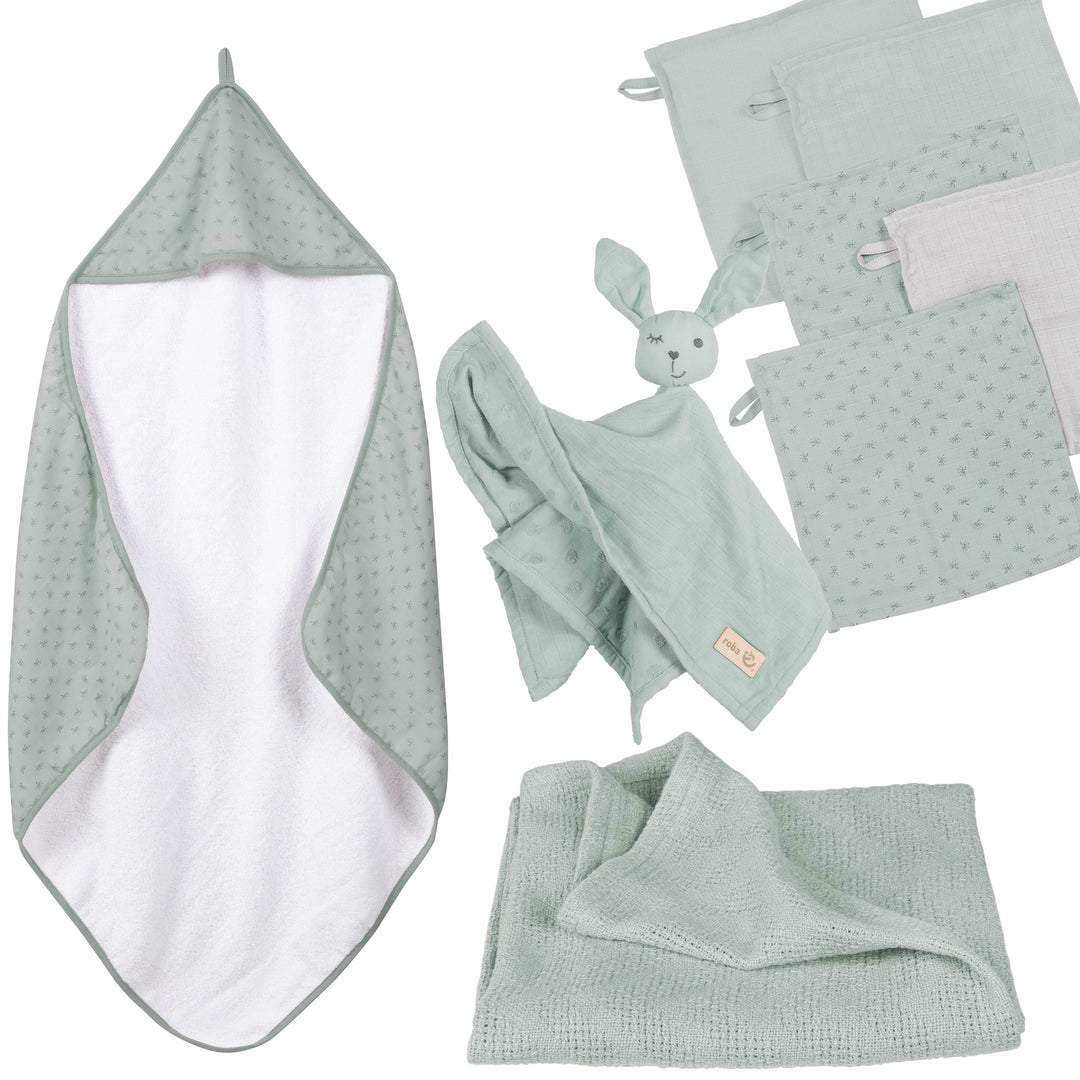 Organic Geschenkset 'Lil Planet' frosty green, Handtuch, Waschlappen, Schmusetuch & Decke, GOTS