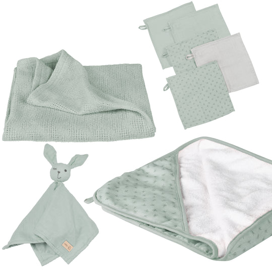 Organic Geschenkset 'Lil Planet' frosty green, Handtuch, Waschlappen, Schmusetuch & Decke, GOTS