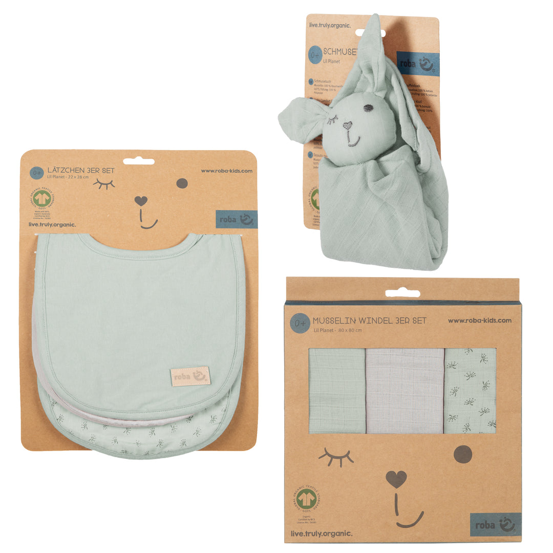 Set regalo biologico Baby Essentials 'Lil Planet' verde ghiaccio in cotone biologico, certificato GOTS