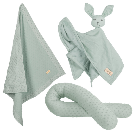 Organic Geschenkset 'Lil Planet' frosty green, Bio-Bettschlange, -Decke & -Schmusetuch