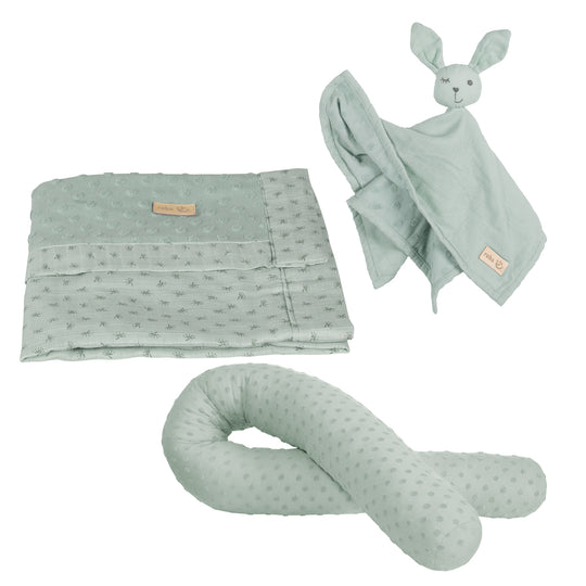 Organic Geschenkset 'Lil Planet' frosty green, Bio-Bettschlange, -Decke & -Schmusetuch