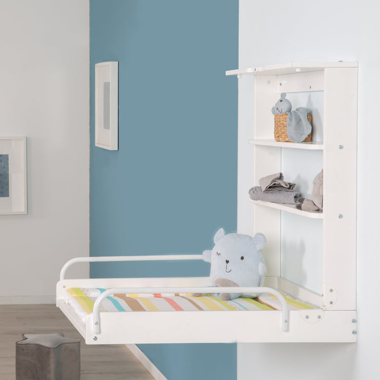 Wandwickelregal, klappbares Wickelregal, weiß inkl. Wickelunterlage 'Dschungelbaby'