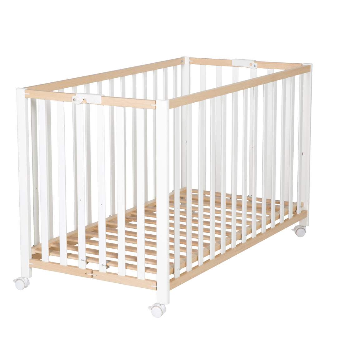 Folding Bed 'Fold Up', 60 x 120 cm, Organic Beech/White, 2-Height Adjustable, Includes Wheels