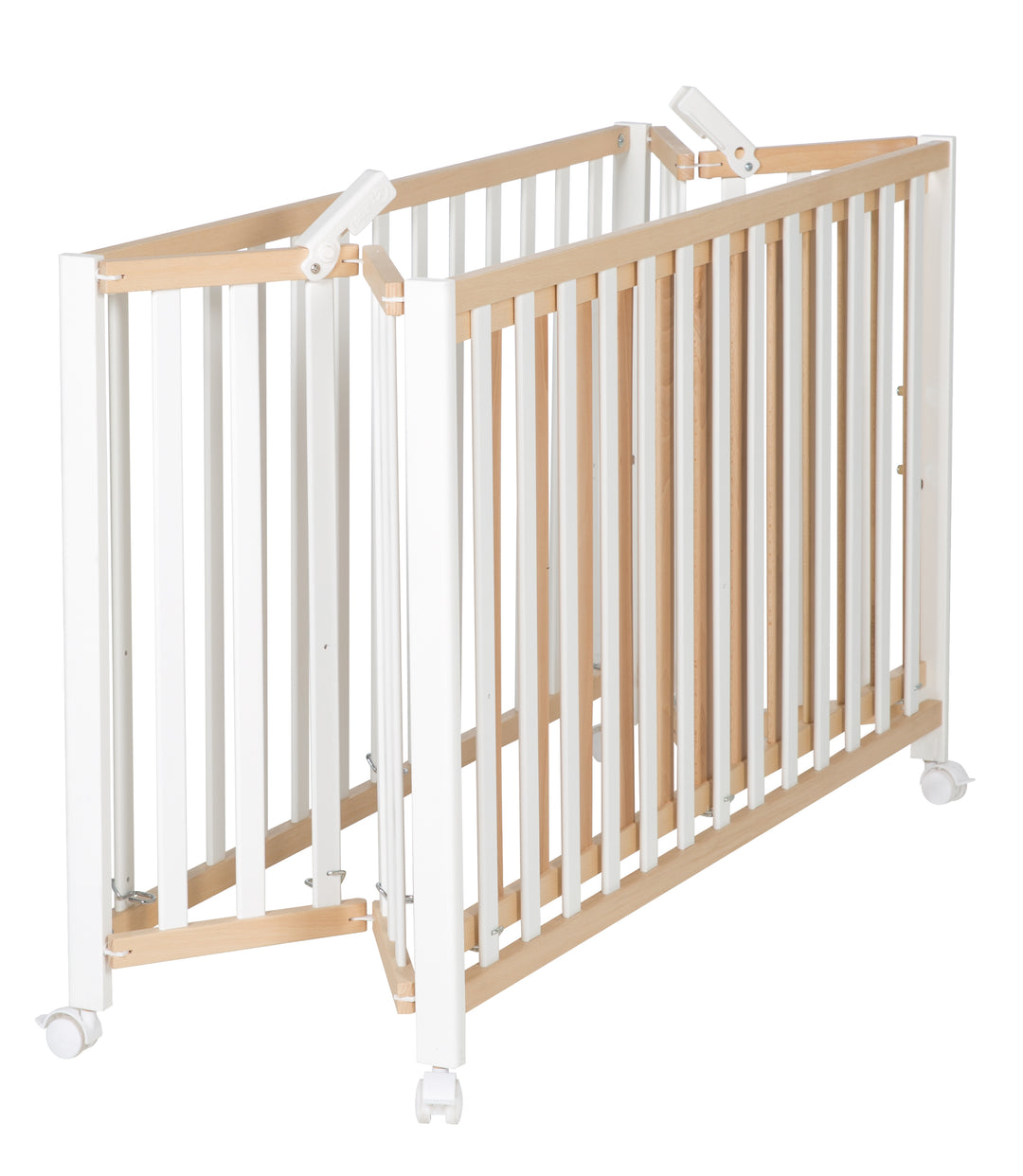 Folding Bed 'Fold Up', 60 x 120 cm, Organic Beech/White, 2-Height Adjustable, Includes Wheels