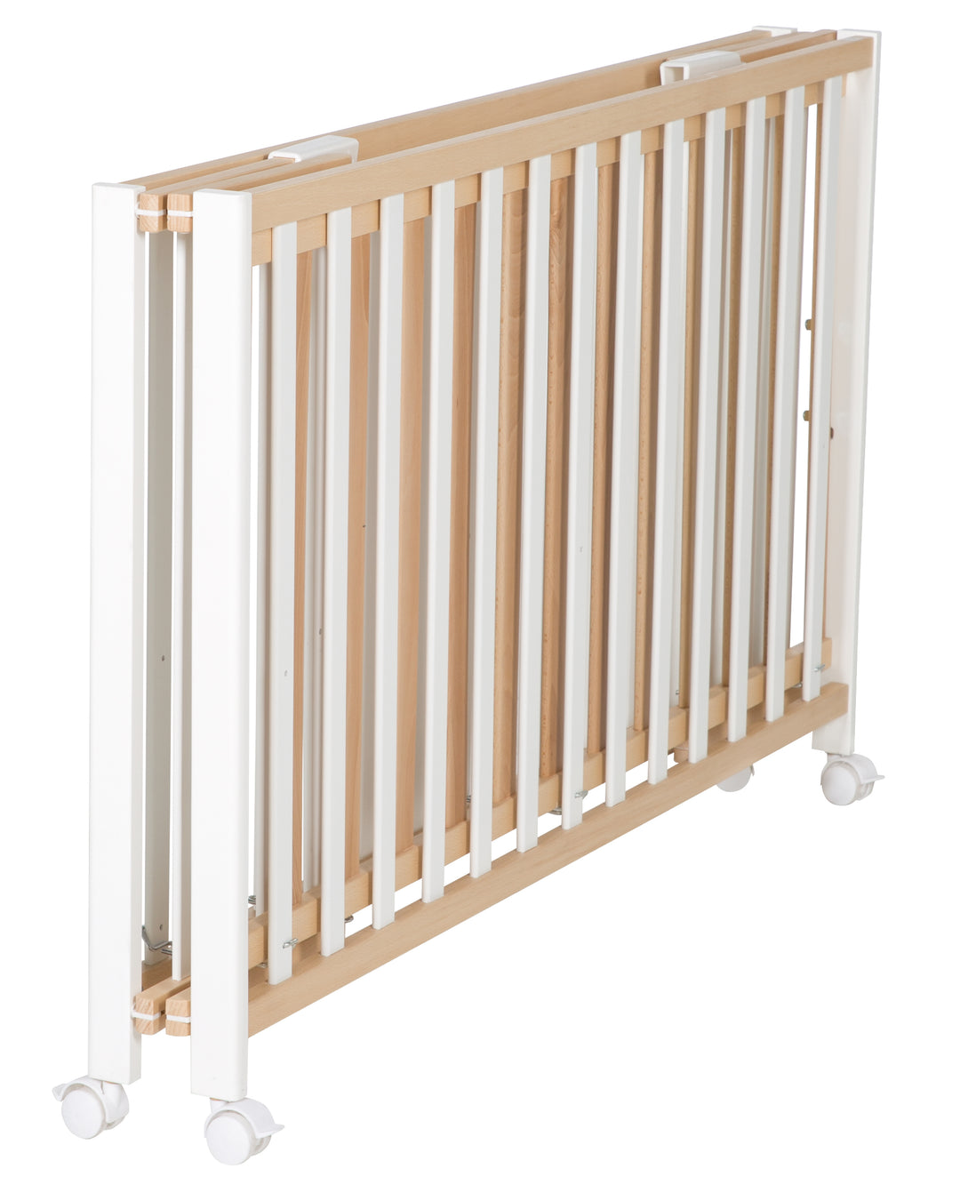 Folding Bed 'Fold Up', 60 x 120 cm, Organic Beech/White, 2-Height Adjustable, Includes Wheels