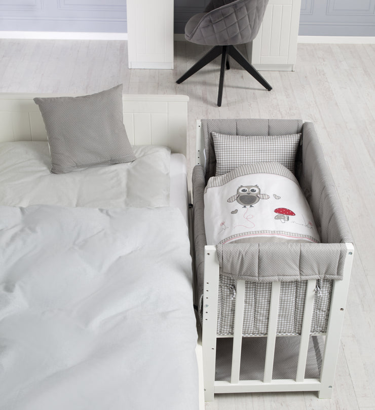 Stume et lit latéral 'Adam & Owl' 4 en 1, lit pour bébé, berceau et banc pour enfants, blanc