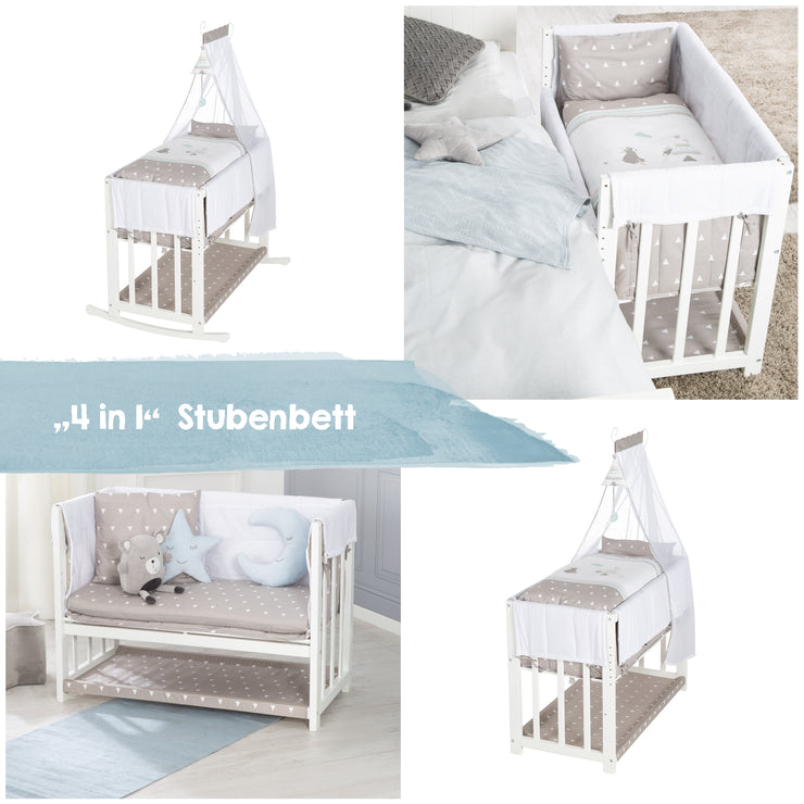 Lit cododo et berceau 'Indibaer' 4 en 1, lit bébé, berceau et banc enfant, blanc