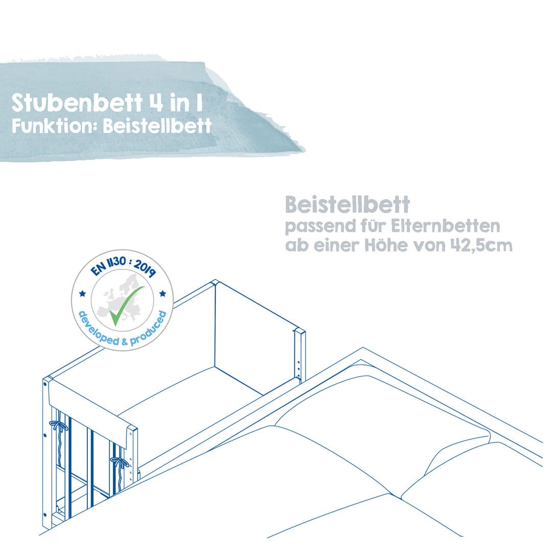 Culla co-sleeping 'Indibaer' 4 in 1, lettino per bambini, culla e panca per bambini, bianco