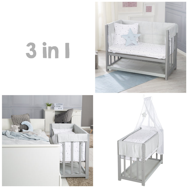 Lit cododo et berceau 'Sternenzauber' 3 en 1, lit bébé gris, avec accessoires de lit complets