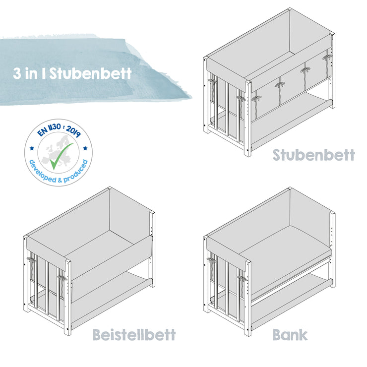 Stuben- & Beistellbett 'Sternenzauber grau' 3 in 1, Babybett grau, inkl. kompletten Bettzubehör