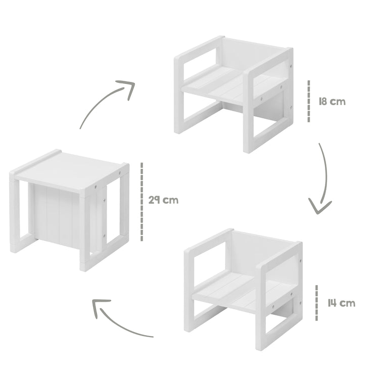 Taburete de asiento para niños en estilo campesonte, taburete inverso con 3 alturas de asiento, blanco madera