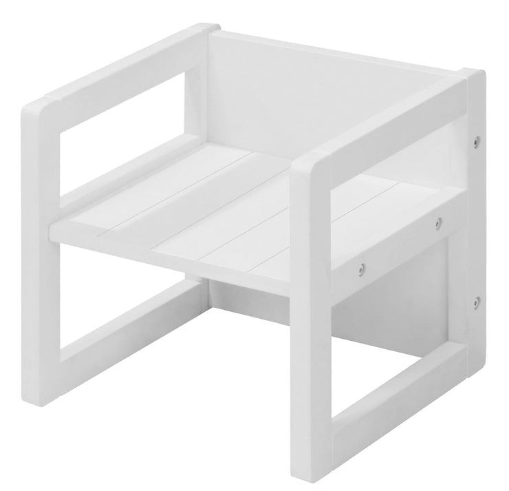 Taburete de asiento para niños en estilo campesonte, taburete inverso con 3 alturas de asiento, blanco madera