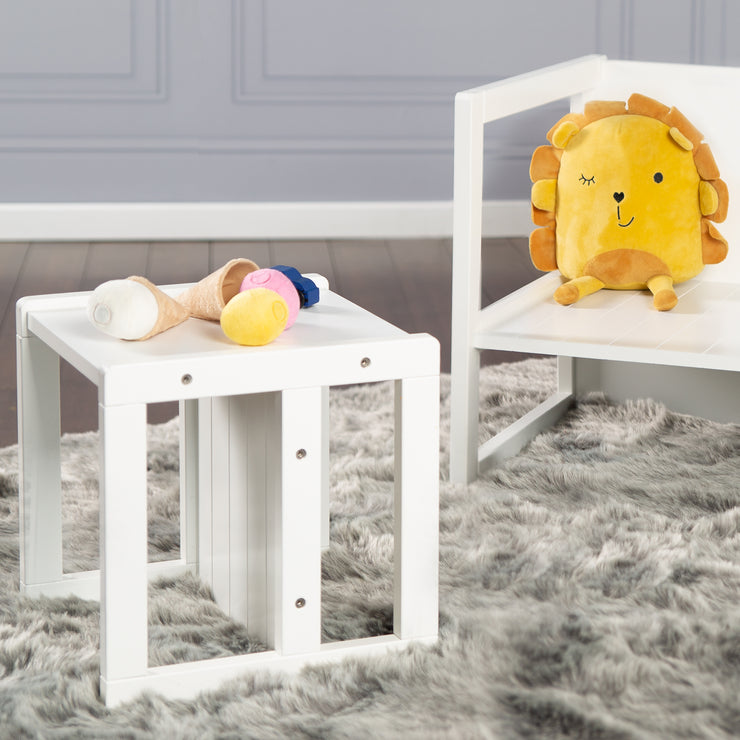 Taburete de asiento para niños en estilo campesonte, taburete inverso con 3 alturas de asiento, blanco madera