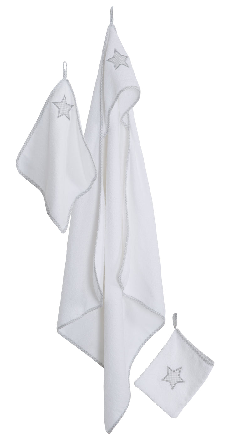 Lot de serviettes "Little Stars", 3 pièces, serviette à capuche, serviette de toilette 30 x 30 cm, gant de toilette