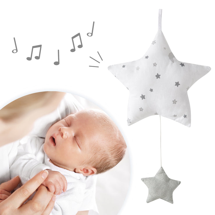 Music box 'Sternenzauber grau', sleep aid, washable textile star, baby room decoration gray / white