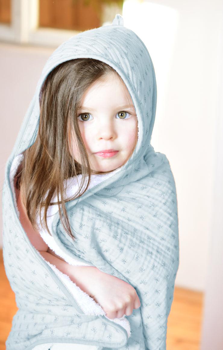 Organic hooded towel 'Lil Planet' light blue / sky, muslin fabric, organic cotton, GOTS, 80 x 80 cm