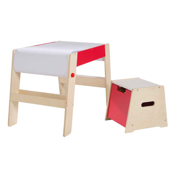 Bureau de peinture & tabouret inclus, bois naturel/rouge, avec rouleau de papier