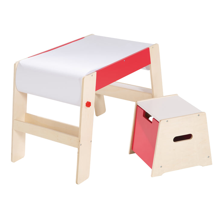 Bureau de peinture & tabouret inclus, bois naturel/rouge, avec rouleau de papier