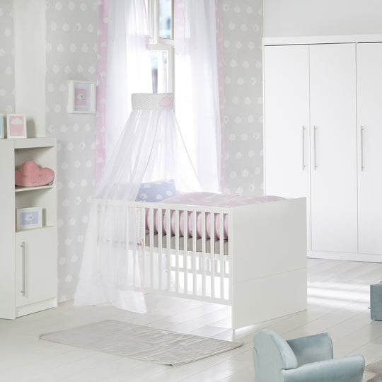 Cama infantil combinada 'Maren', 70 x 140 cm, blanca, ajustable en altura, 3 barrotes extraíbles, convertible