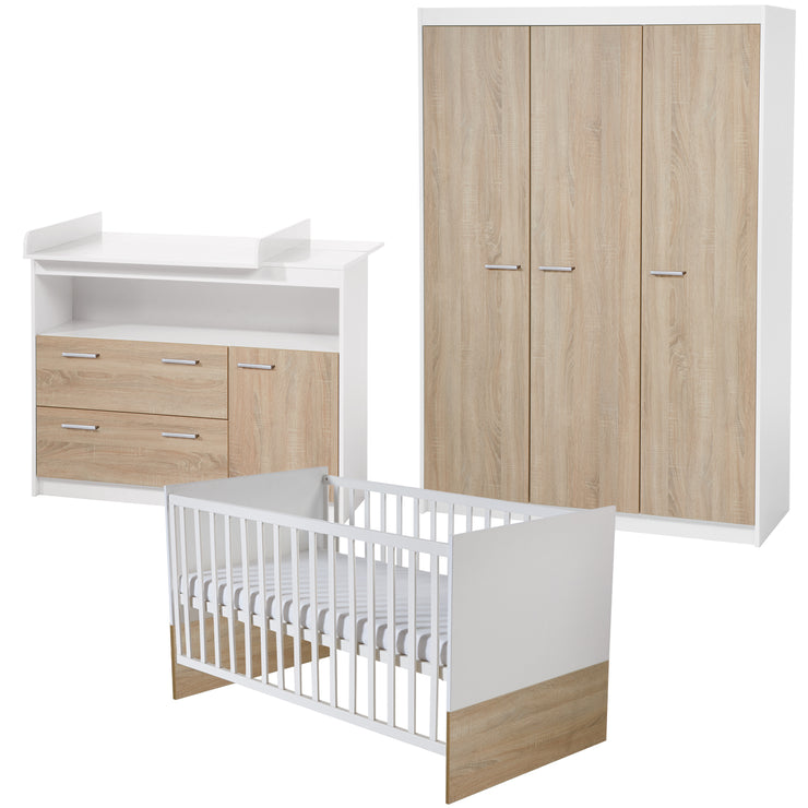 Kindermöbelset 'Gabriella' inkl. Babybett 70 x 140 cm, breiter Wickelkommode & Schrank 3-türig