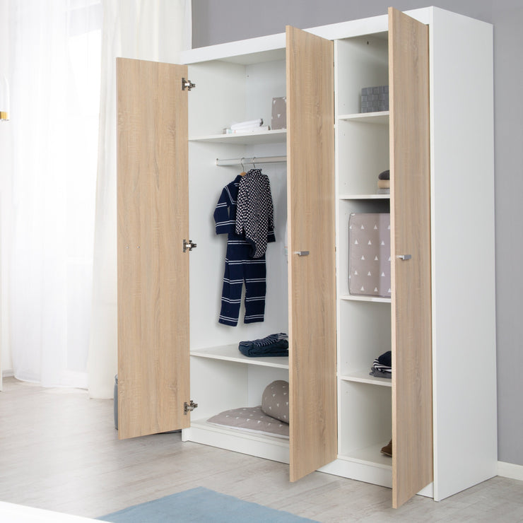 Kleiderschrank 'Gabriella', Schrank mit 3 Türen, Soft-Close-Technik, gefräst weiß