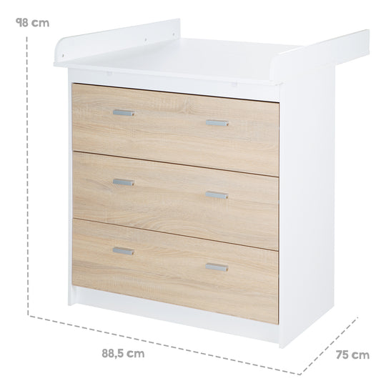 Changing Table 'Gabriella' with Removable Top, Bicolor, 3 Drawers, Changing Height 90 cm