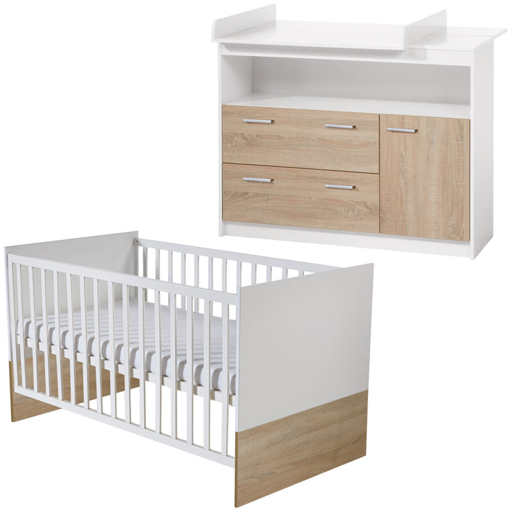 Children's room set 'Gabriella' including baby bed 70 x 140 cm & wide changing table, bicolor