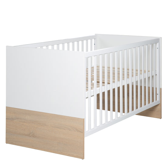 Cama infantil combinada 'Gabriella', 70 x 140 cm, blanca/natural, ajustable en altura, 3 barrotes extraíbles, convertible