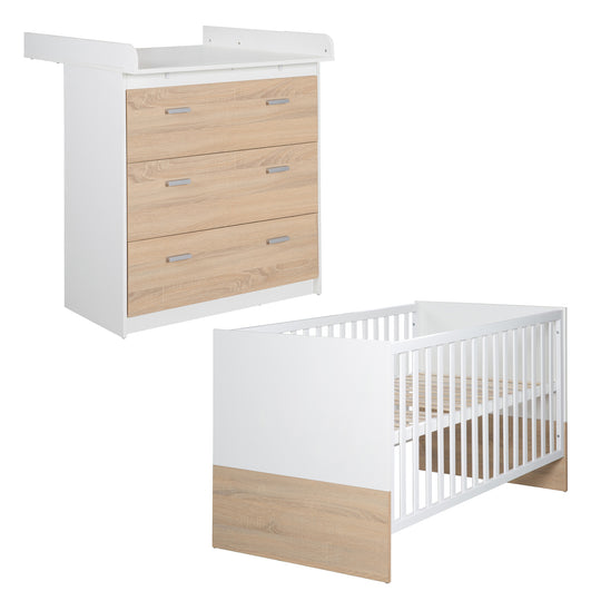 Möbelset 'Gabriella' 2-teilig - Bett 70x140 + Wickelkommode schmal - Weiß & Dekor Eiche