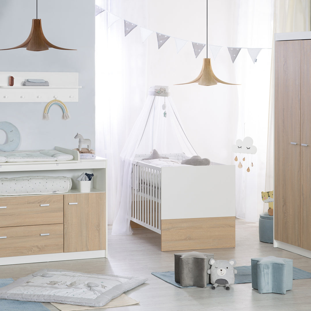 Cama infantil combinada 'Gabriella', 70 x 140 cm, blanca/natural, ajustable en altura, 3 barrotes extraíbles, convertible
