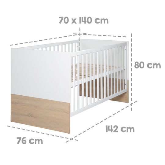 Cama infantil combinada 'Gabriella', 70 x 140 cm, blanca/natural, ajustable en altura, 3 barrotes extraíbles, convertible