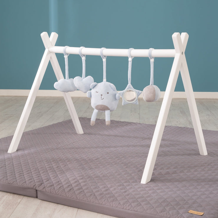 Portique d'Eveil en Bois pour Bébé Plus 3 Mois avec 3pcs Pendentifs sans  BPA Forme Triangulaire 60x44x60CM Naturel - Costway