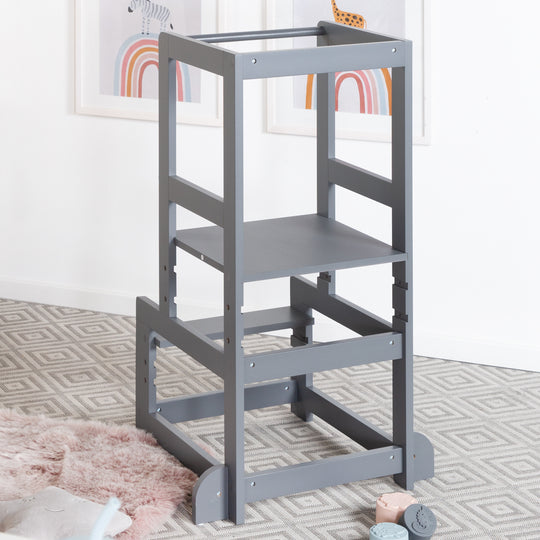 Torre de aprendizaje antracita, taburete seguro para niños, ideal como ayuda en la cocina, soporta hasta 80 kg