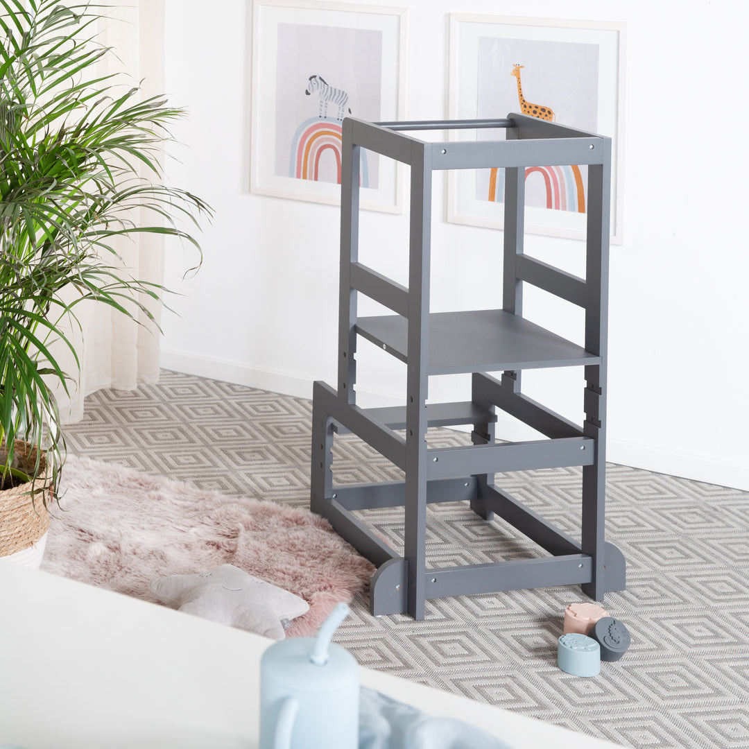 Torre de aprendizaje antracita, taburete seguro para niños, ideal como ayuda en la cocina, soporta hasta 80 kg