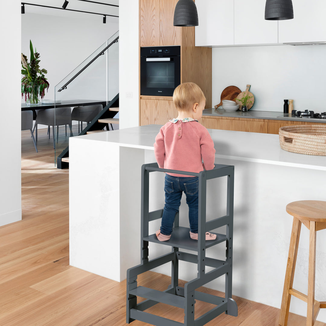 Torre de aprendizaje antracita, taburete seguro para niños, ideal como ayuda en la cocina, soporta hasta 80 kg