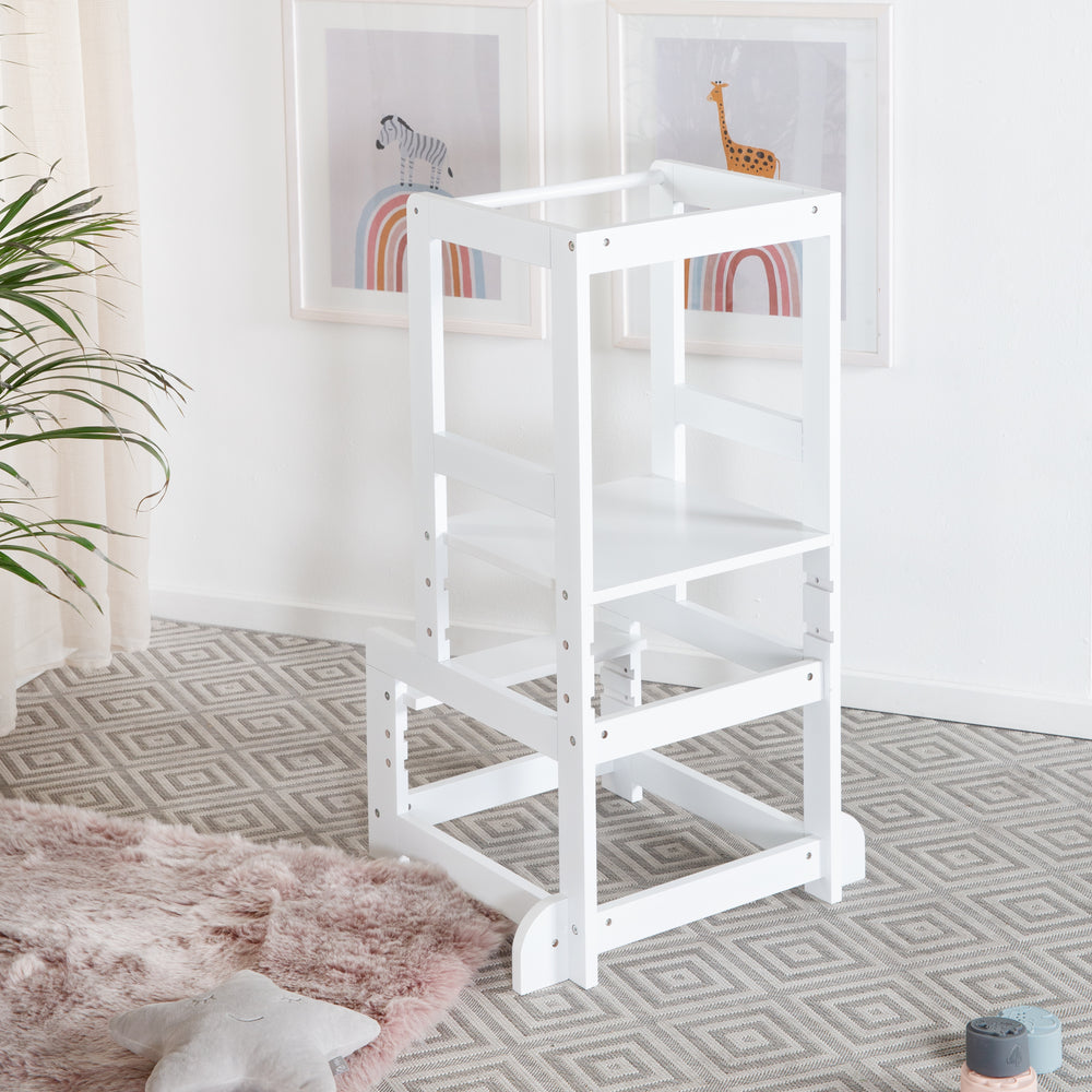 Torre de aprendizaje blanca, taburete seguro para niños, ideal como ayudante de cocina, soporta hasta 80 kg