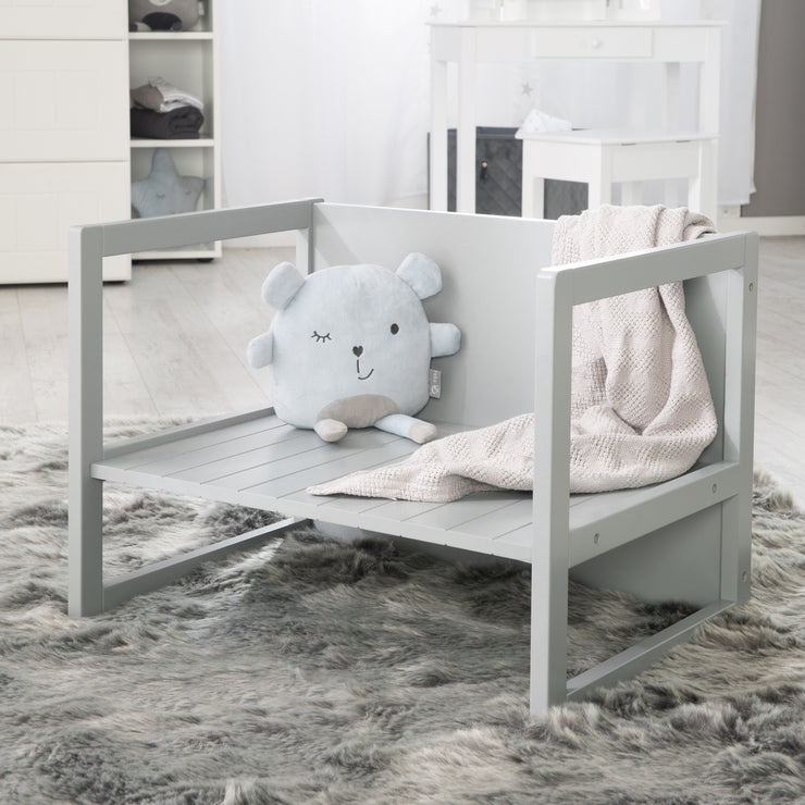 Sitzgruppe im Landhausstil für Kinder, 2 Hocker & eine zum Tisch umwandelbarer Kinderbank, grau