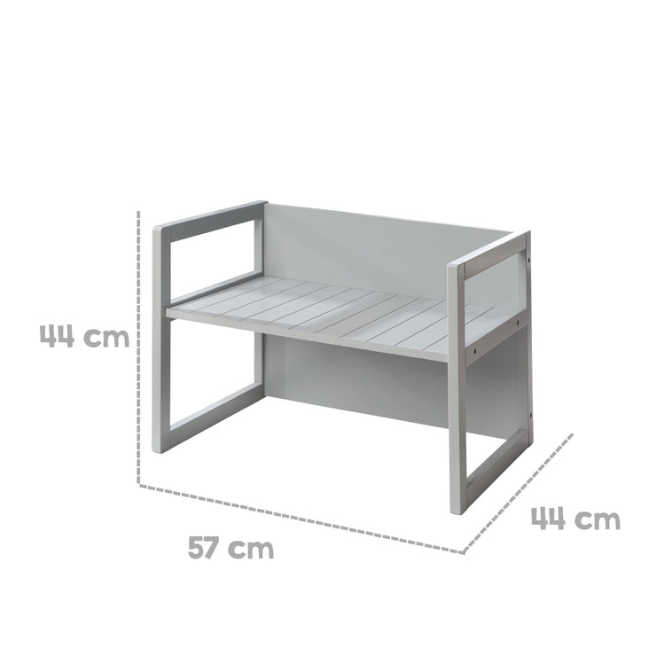 Sitzgruppe im Landhausstil für Kinder, 2 Hocker & eine zum Tisch umwandelbarer Kinderbank, grau