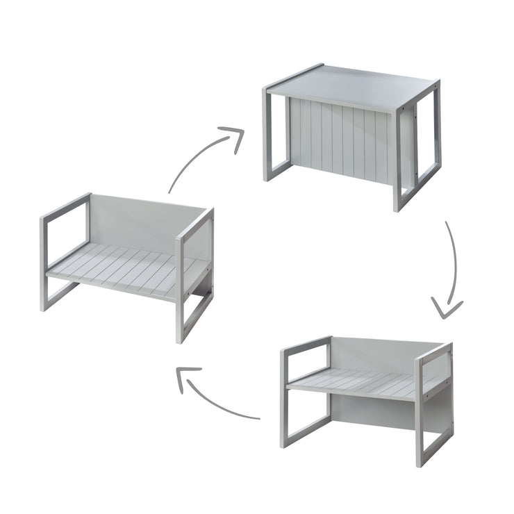 Sitzgruppe im Landhausstil für Kinder, 2 Hocker & eine zum Tisch umwandelbarer Kinderbank, grau