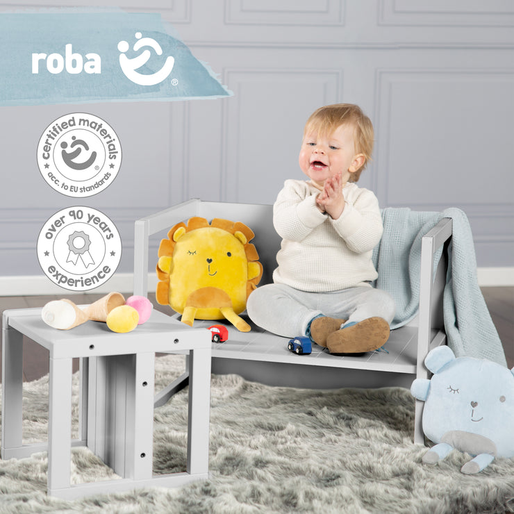 Sitzgruppe im Landhausstil für Kinder, 2 Hocker & eine zum Tisch umwandelbarer Kinderbank, grau