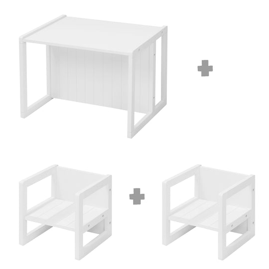 Sitzgruppe im Landhausstil für Kinder, 2 Hocker & eine zum Tisch umwandelbarer Kinderbank, weiß