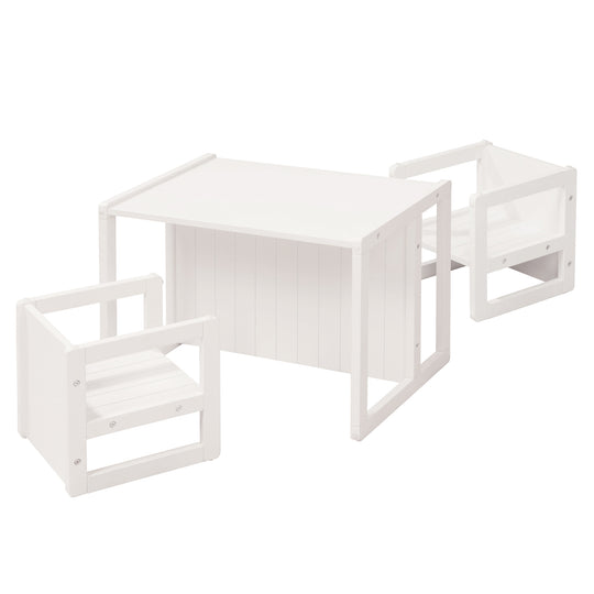 Sitzgruppe im Landhausstil für Kinder, 2 Hocker & eine zum Tisch umwandelbarer Kinderbank, weiß