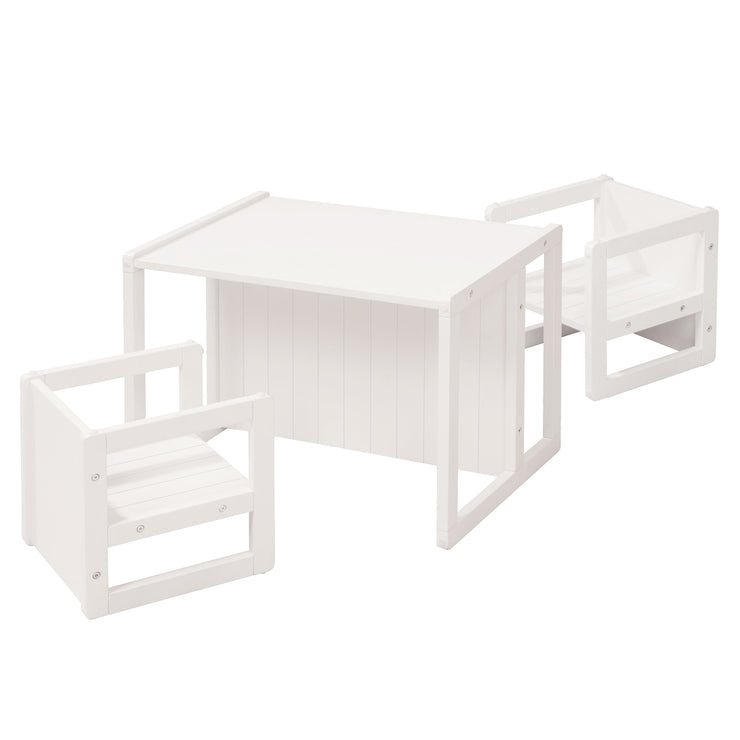 Country-style seating group for children, 2 stools & a children's bench convertible to the table, white