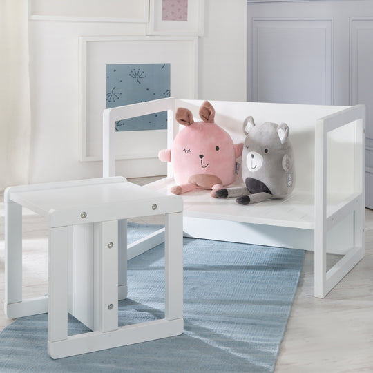 Sitzgruppe im Landhausstil für Kinder, 2 Hocker & eine zum Tisch umwandelbarer Kinderbank, weiß
