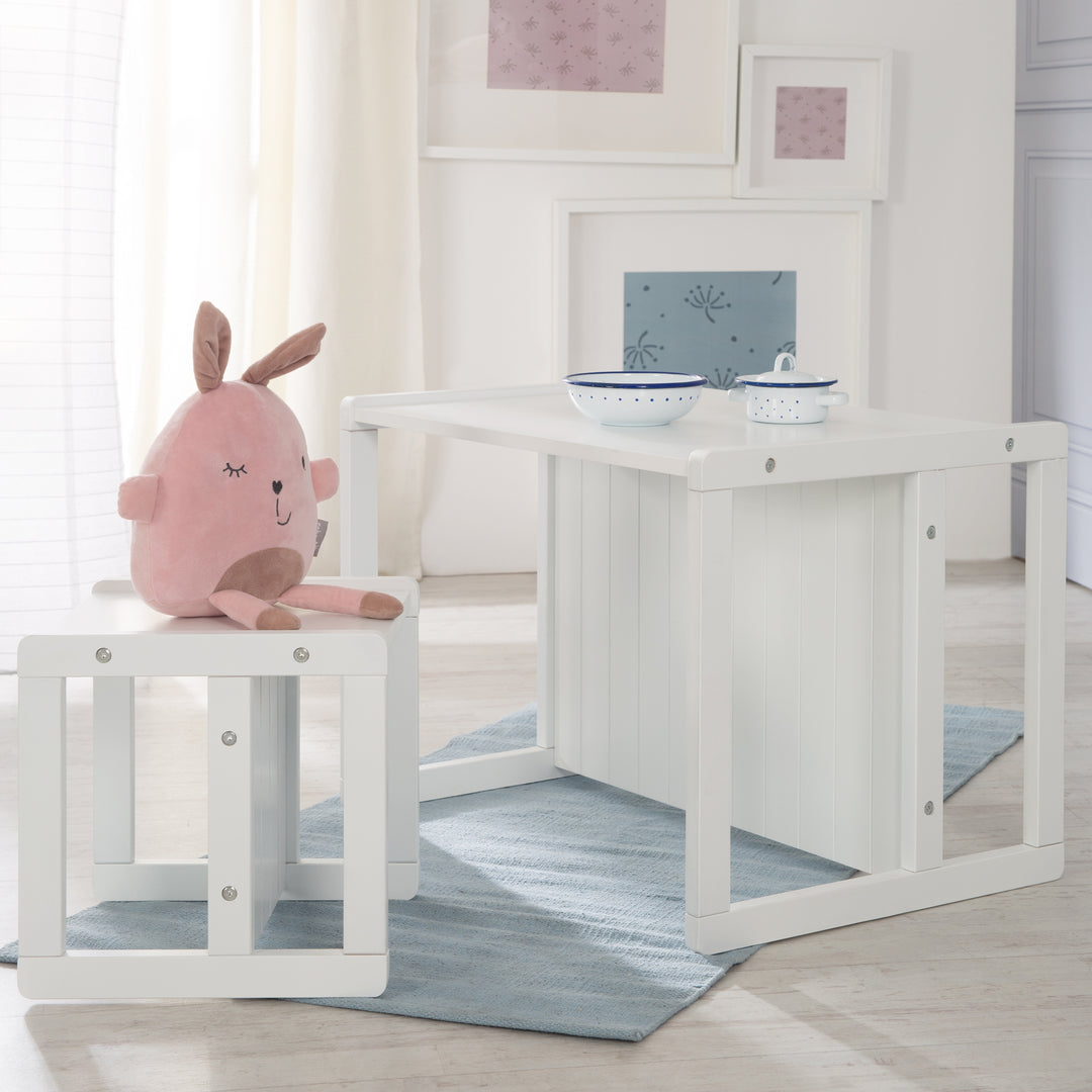 Sitzgruppe im Landhausstil für Kinder, 2 Hocker & eine zum Tisch umwandelbarer Kinderbank, weiß