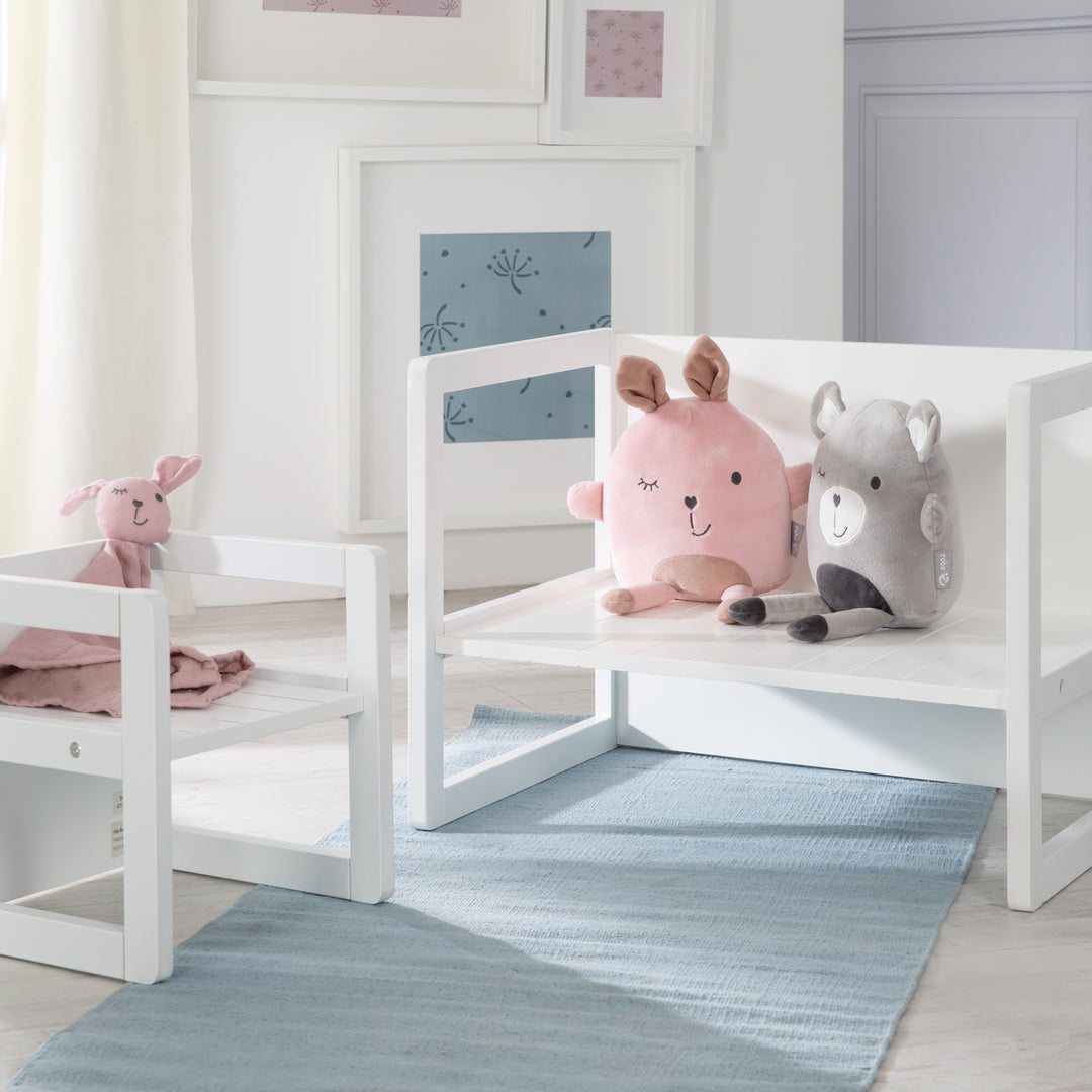 Sitzgruppe im Landhausstil für Kinder, 2 Hocker & eine zum Tisch umwandelbarer Kinderbank, weiß