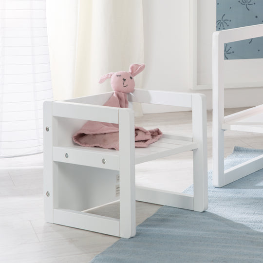 Sitzgruppe im Landhausstil für Kinder, 2 Hocker & eine zum Tisch umwandelbarer Kinderbank, weiß