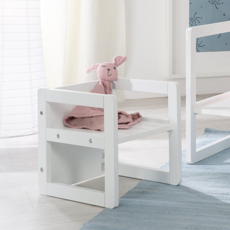 Country-style seating group for children, 2 stools & a children's bench convertible to the table, white